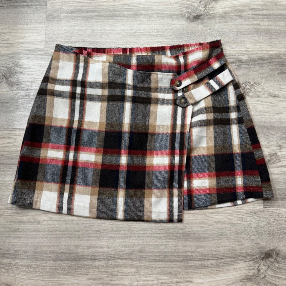 SHEIN Curve Plaid Wrap‎ Mini Skirt Red Black Tan 2XL Flannel Style Asymmetrical